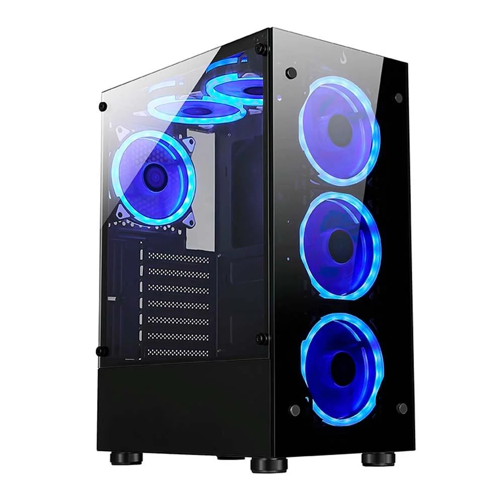 Gabinete Gamer Rise Mode Glass 06X, Mid Tower, ATX, Lateral em Vidro Fumê e Frontal em Vidro Temperado, Black, Com fans, Com controladora